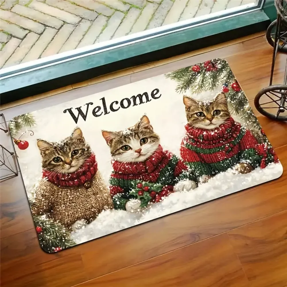 VIKAMA 3-katten kerst antislip deurmat - polyester PVC achterkant wasbaar tapijt, feestelijke woondecoratie in meerdere kamers
