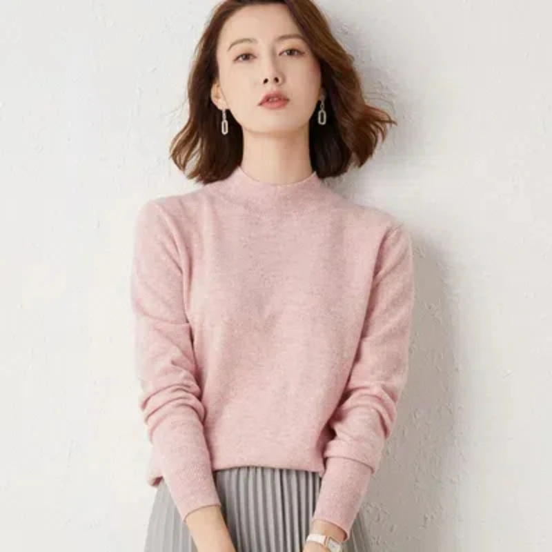 Half Height Sweater Women\'s Long Sleeved Pullover Plus Size Solid Color Versatile Base Sweater Round Neck Cashmere Sweater 122