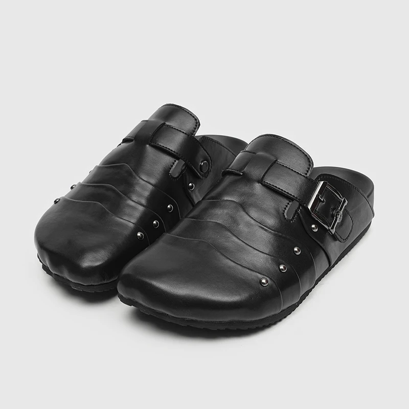 New Men Front Slip-on Slippers Black Brand Retro Men Casual Square-toe Versatile One-piece Mule Slippers Size 38-46 Men Slippers