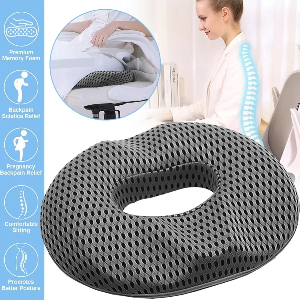 Coussin de siège respirant en forme de donut, avec grand trou en maille pour une bonne circulation de l'air, forme ergonomique inclinée pour les cuisses, coussin de siège en mousse à mémoire de forme pour bureau, voiture, fauteuil roulant.
