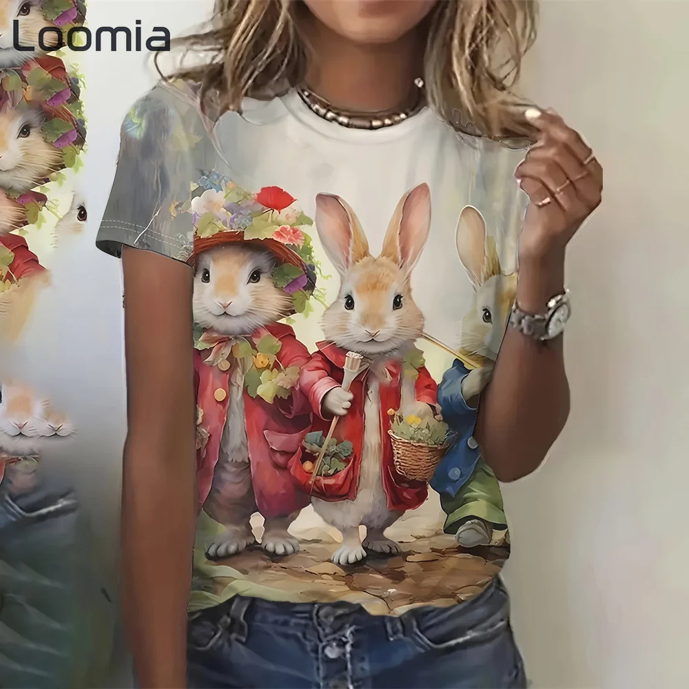 

Футболки с рисунком кролика, женская одежда, модная женская одежда с круглым вырезом, летняя повседневная футболка в стиле Харадзюку с короткими рукавами, женский топ