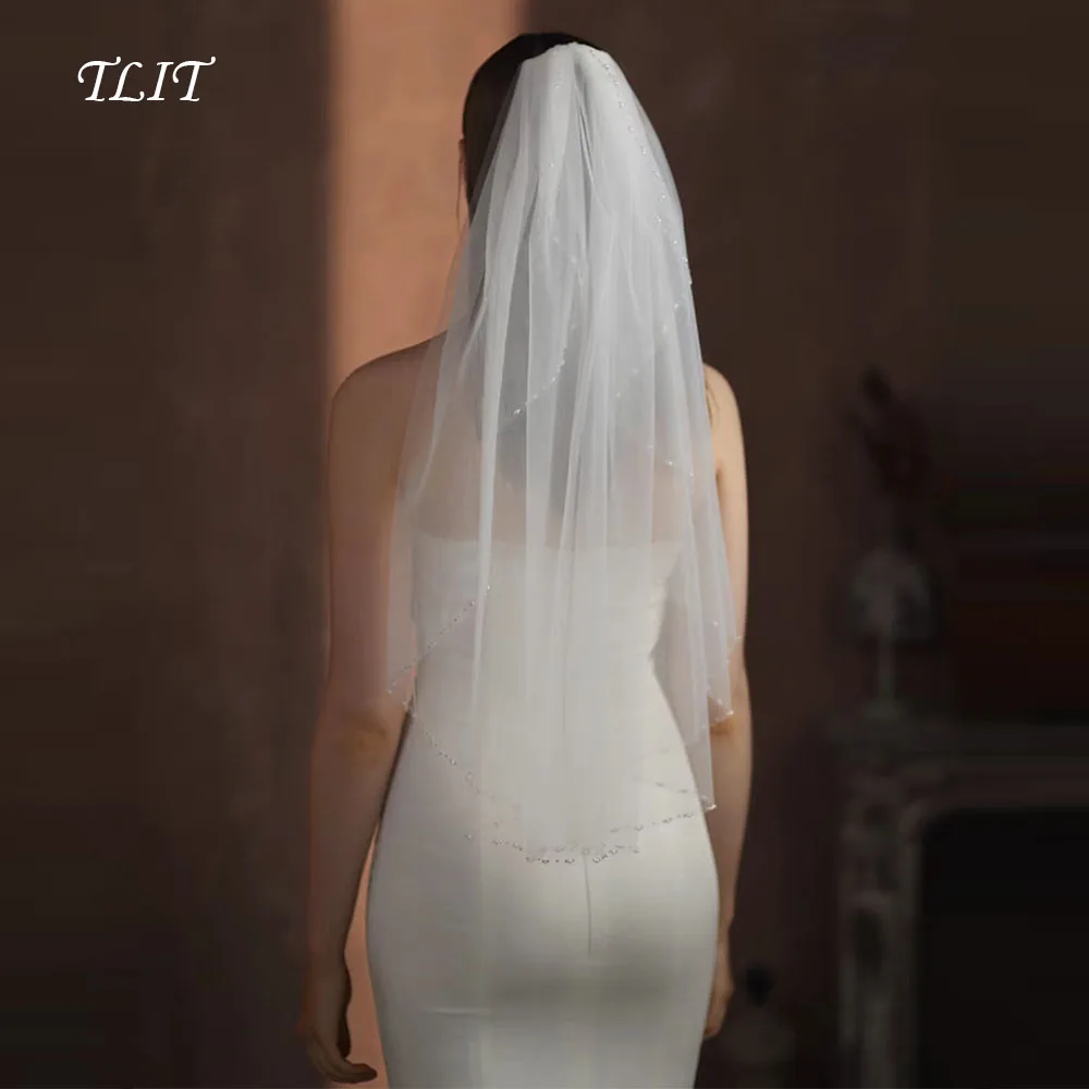 

TLIT Elegant One Layer Bride Wedding Elbow Length Bridal Veil Headdress and Pearls With Edge Cut Edge Customized For Women
