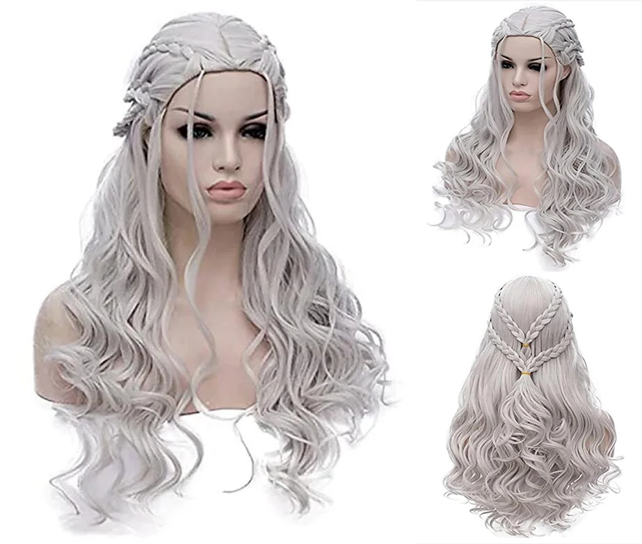 14Color Charm Lolita Long Daenerys Targaryen Silver Braided Curly Synthetic Hair Wigs Costume Cosplay Queen Wig