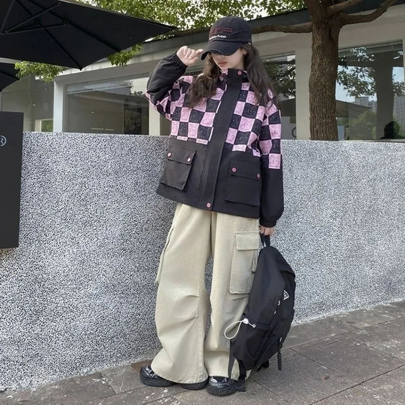 

2025 New Style Autumn Girls' Quilted Windbreaker Coat Medium Large Kids Plaid Colorblock Stylish Warmth Outdoor Jacket