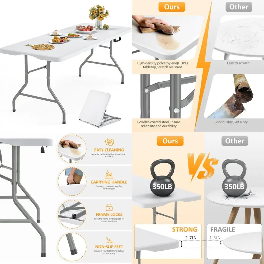 Portable Heavy-Duty Plastic Folding Table with Carry Handle and Locking Legs for Dining and Utility Use