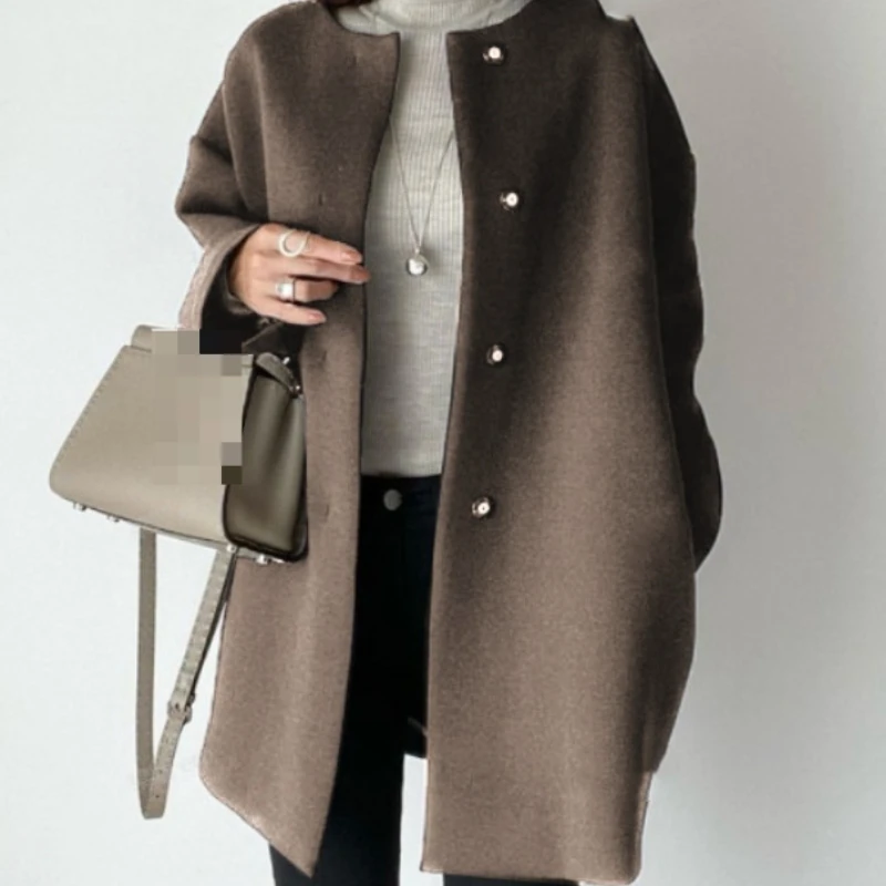 Women's  Autumn Coat Round Neck Japanese Straight Long Sleeve Solid Colour Blend Fashion Loose Temperament Simple Button Jacket