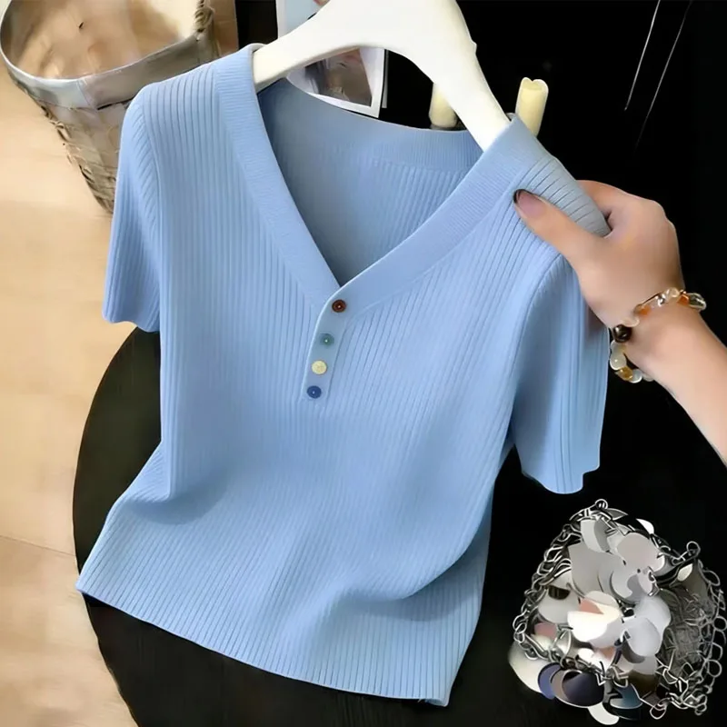 

2026 Fashion Summer Short Sleeve Knitted Sweater Women Pullovers V-Neck Knit Sweater Pullover Women Tops Sueter Feminino Q4153
