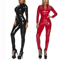 Women's Patent Leather Skinny Jumpsuit Wet Look Latex Full Body Bodysuit Stand Collar Zipper Back Catsuit Rave Dance Clubwear