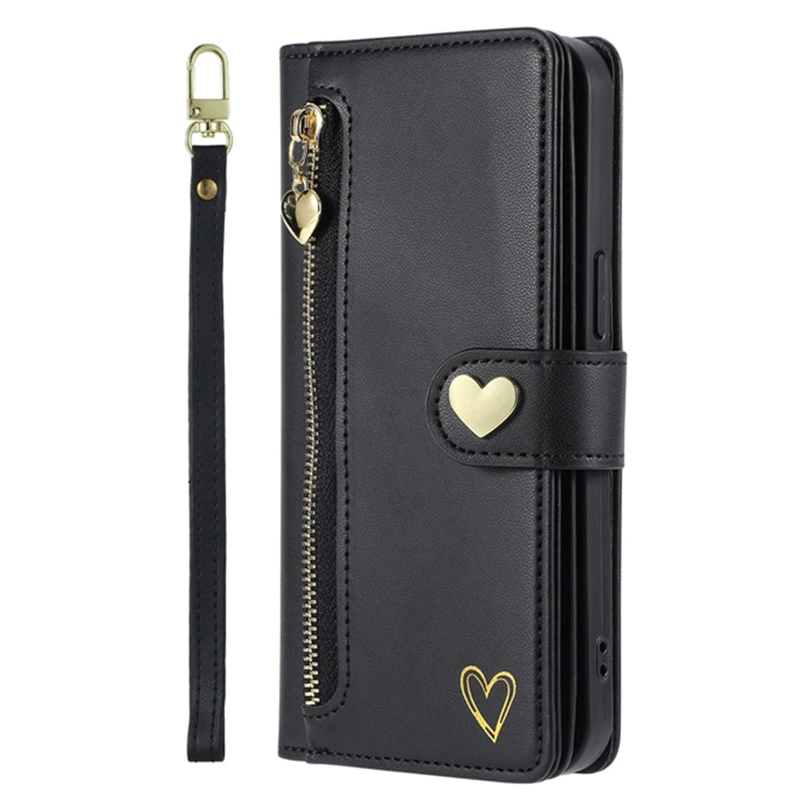 

For Samsung Galaxy S26 Ultra S26 Plus S26 Case Flip Wrist Strap Heavy Duty Heart Zipper Wallet Leather