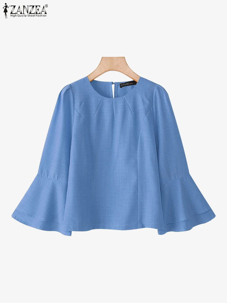ZANZEA Casual Flare Sleeve Blouse Women Fashion O Neck Blusas Solid Color Loose Tops 2025 Autumn Simple Tunic Oversized Pullover