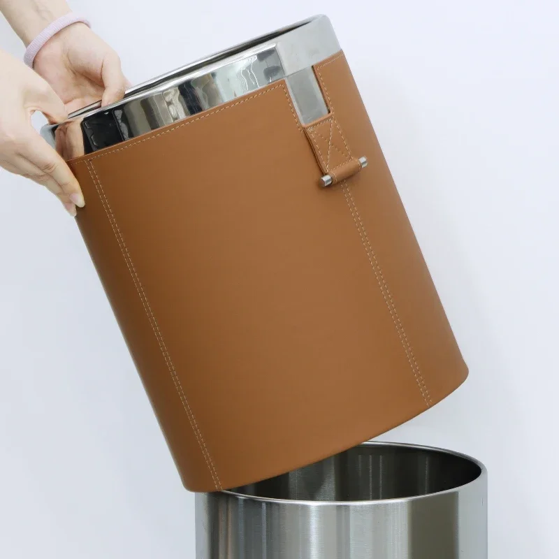 Round Trash Can Simple Metal Trash Bin Luxury Leather Circular Wastebasket Food Waste Disposal Toilet Cleaning for Bathroom