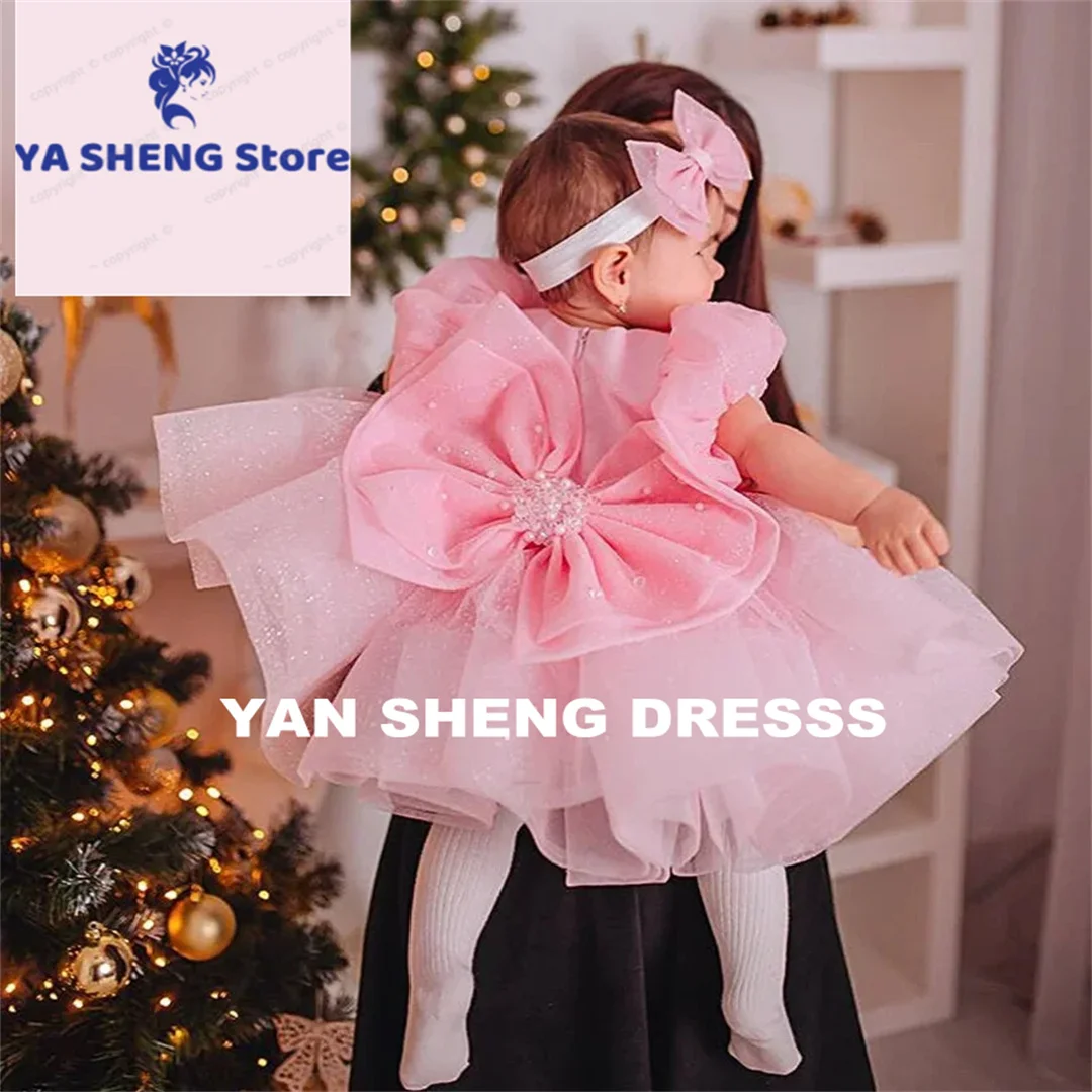 

Customized Wedding Pink Flower Girl Dresses Kids Bow Christening for Princess 1st Birthday Children Tutu Baby Girl Clothes Custo