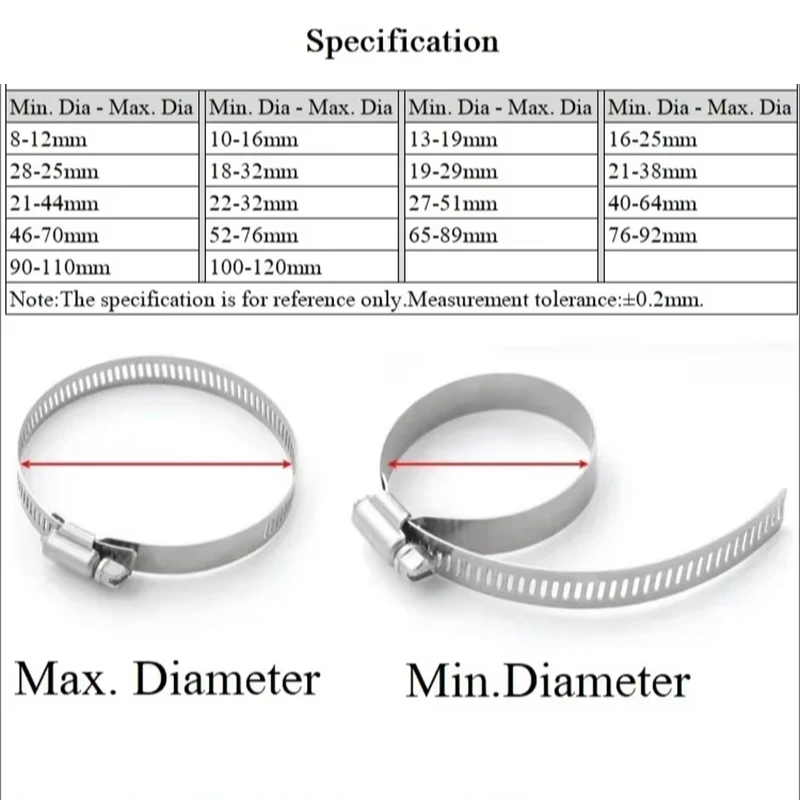 5pcs Adjustable Stainless Steel Hose Clamps 8-120mm Worm Gear Drive Heavy Duty Pipe Clip for Fuel Water Tube Auto Plumbing