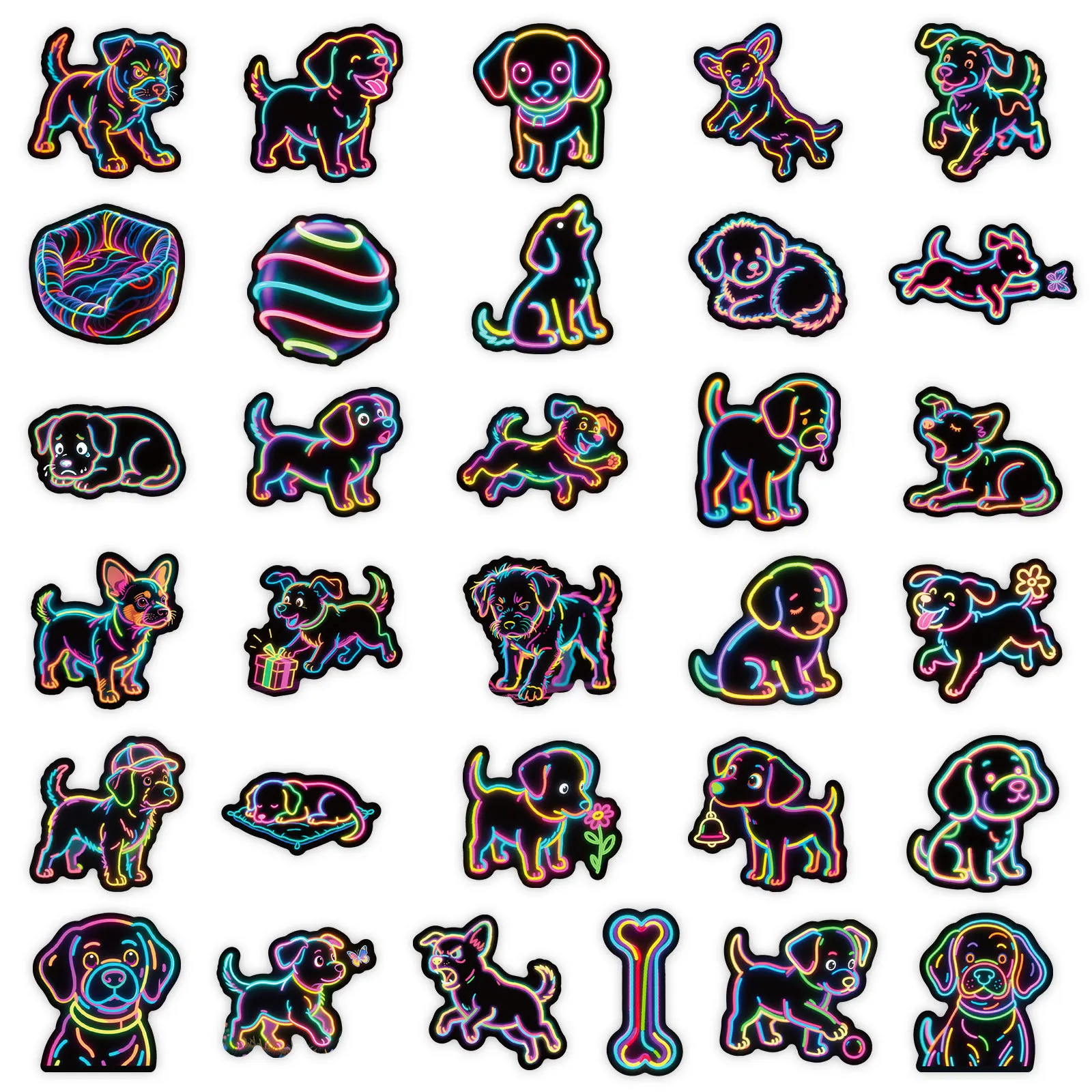 56pcs Neon Dog Puppy Funny MEME Cartoon Graffiti Stickers DIY Phone Guitar Laptop Notebook Suitcase Waterproof Gift Packaging