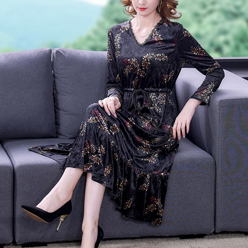 Black Natural Silk Velvet Dress Large Size Maxi Dress Autumn Korean Vintage Casual Dress  Women Elegant Bodycon Dress