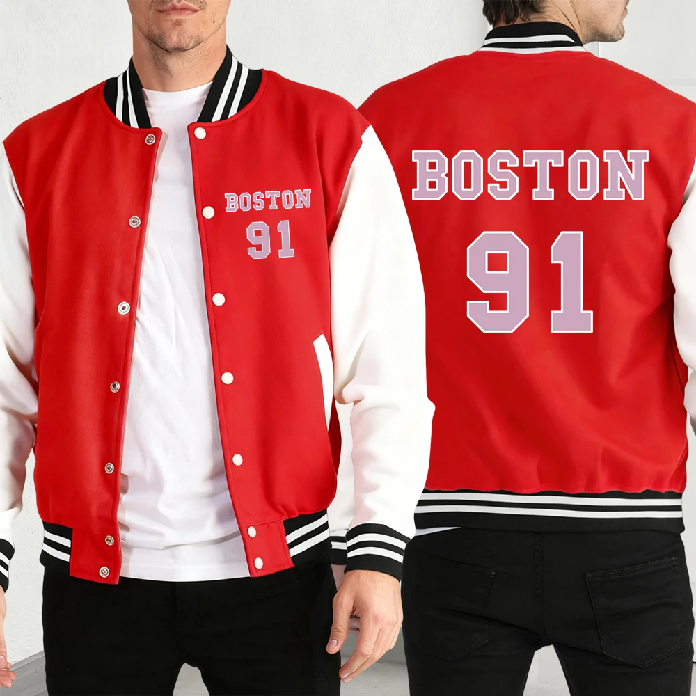 

Pink Boston 91 Art Letter Design Print Men Baseball Jersey Trendy Loose Clothes Casual Fleece Coat Unisex Autumn Fashion Tops