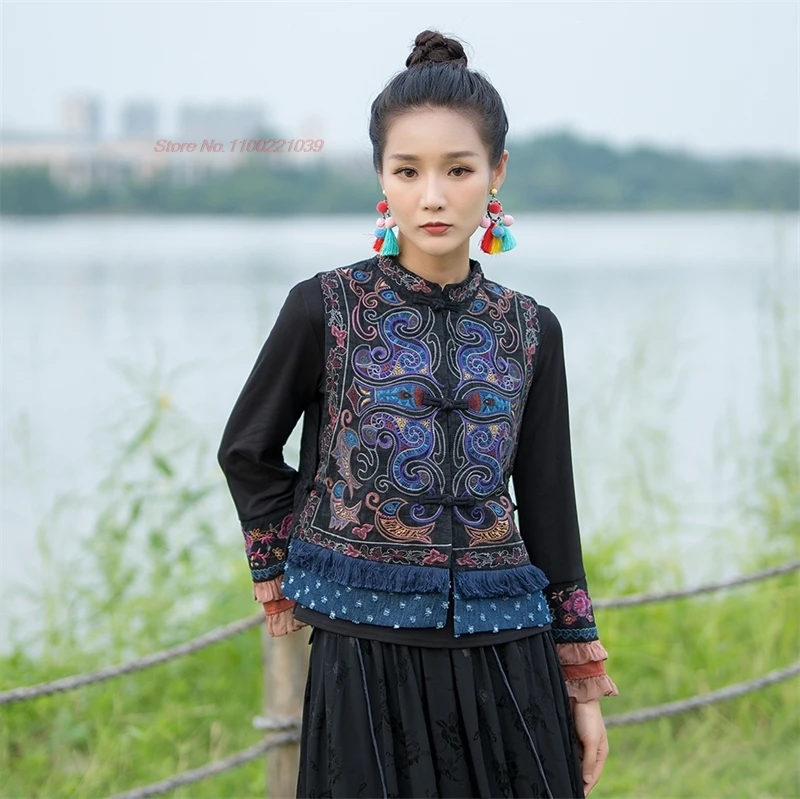 2025 chinese vintage vest national flower embroidery folk vest ethnic waistcoat hanfu tops sleeveless jacket stand collar vest