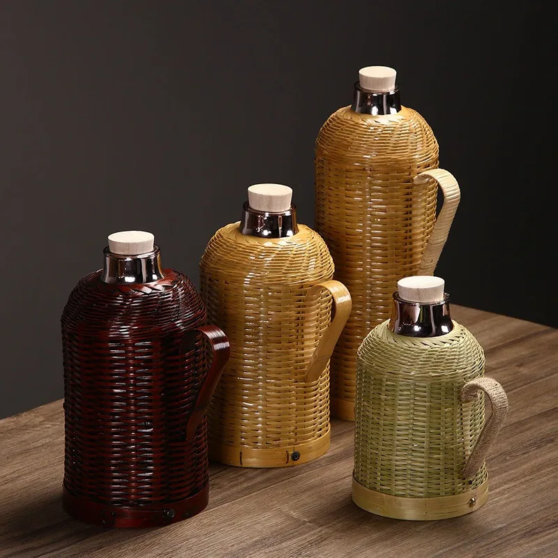 Handmade Bamboo Woven Thermos Vintage Hot Water Bottle, Retro Insulated Glass Liner, Durable Outer Shell for Home Kitchen Use