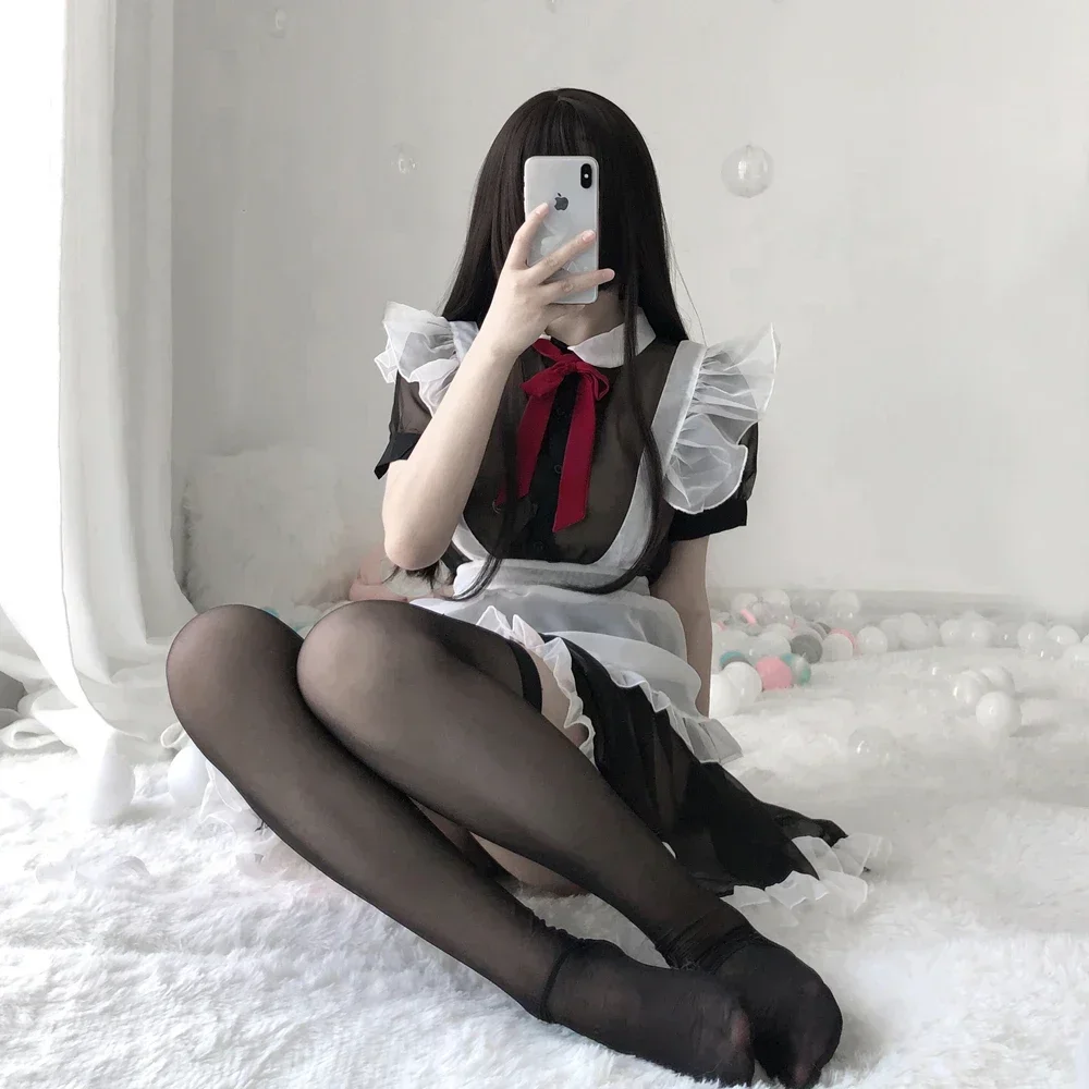 Traje de sirvienta Lolita, uniforme, lencería Sexy para mujer, vestido de sirvienta transparente, delantal francés con bragas, conjunto de disfraz de Cosplay