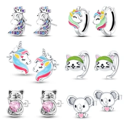 Stud Earrings For Women 925 Silve Color Colorful Unicorn koala Sparkling Pave Blue CZ Luxury Fine Jewelry Girl's Earring