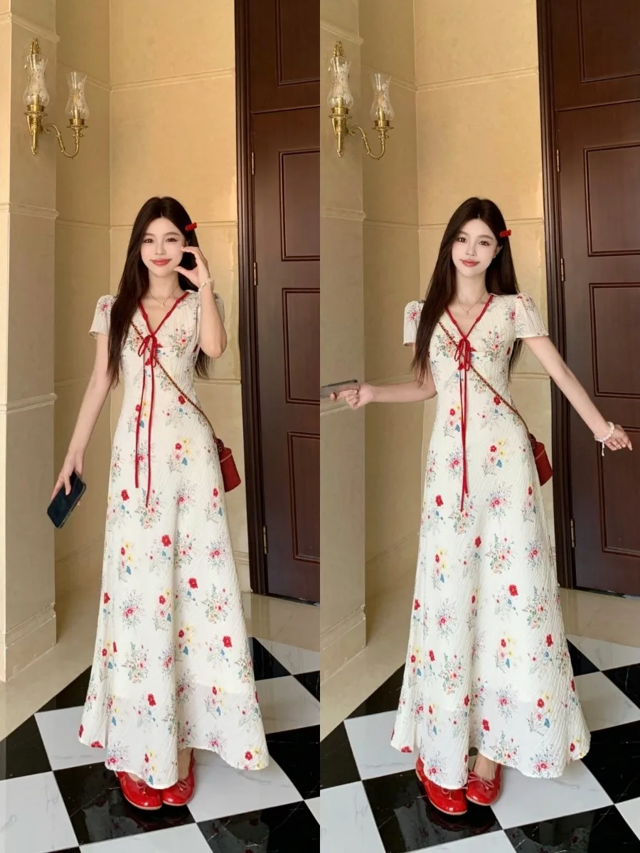 

Elegant A-Line Midi Tea Break Skirt plus Size Floral Print Short Sleeve Waist-Cinching Casual Breathable Women's Dress
