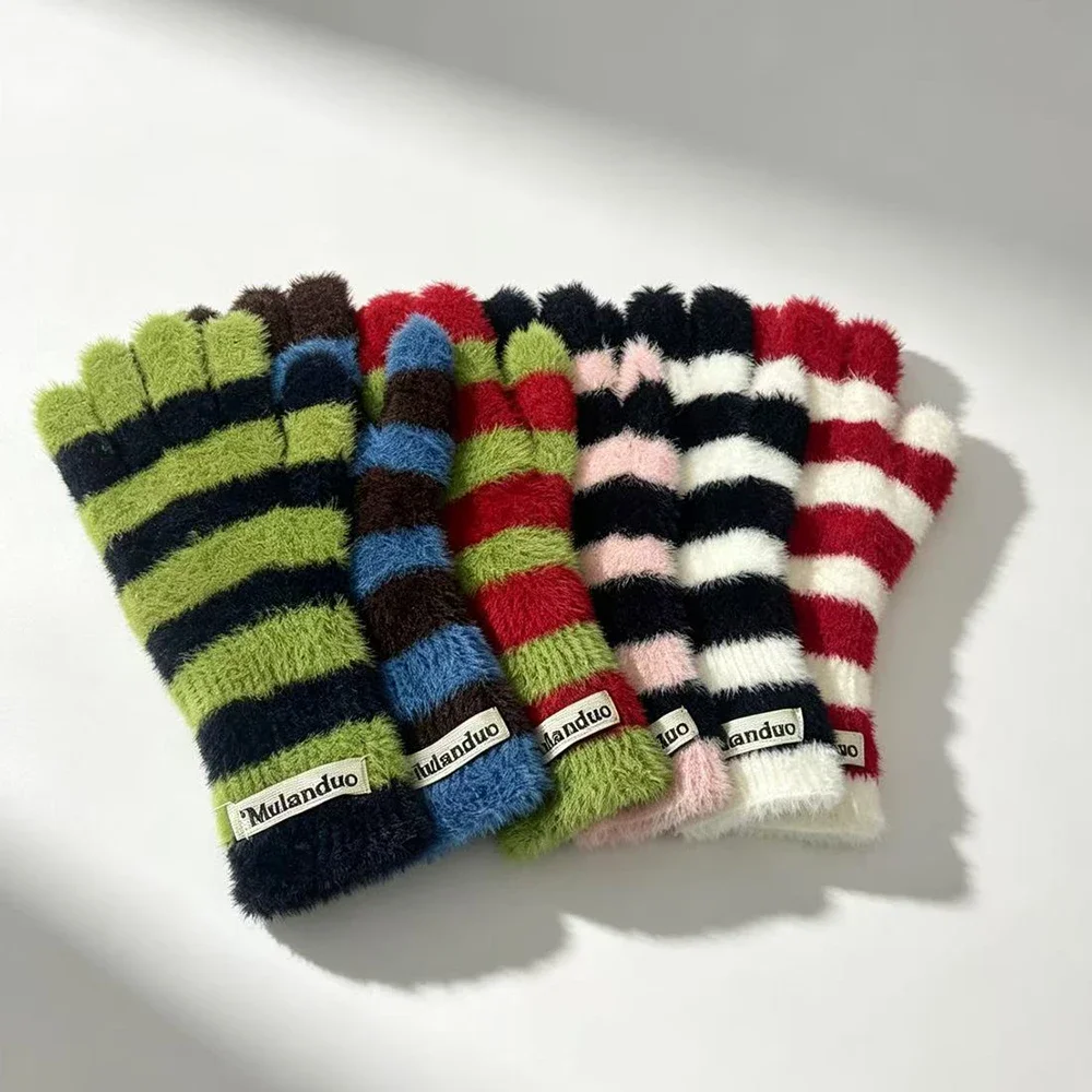 Striped Knitted Korean Style Plush Touchscreen Gloves Warm Soft Fingerless Mittens for Men and Women Outdoor Ski Riding Gloves