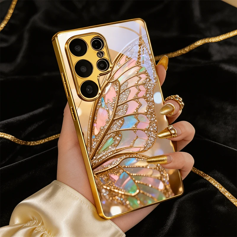 Iridescent Jewel Electroplated Golden Phone Case For Samsung Note 10 20 A06 A07 A12 A13 A14 A15 A16 A17 A22 A23 A25 Glass Cover