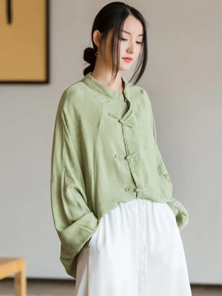Johnature Women Chinese Style Shirts And Tops Stand Solid Color Button Blouses… - Image 5