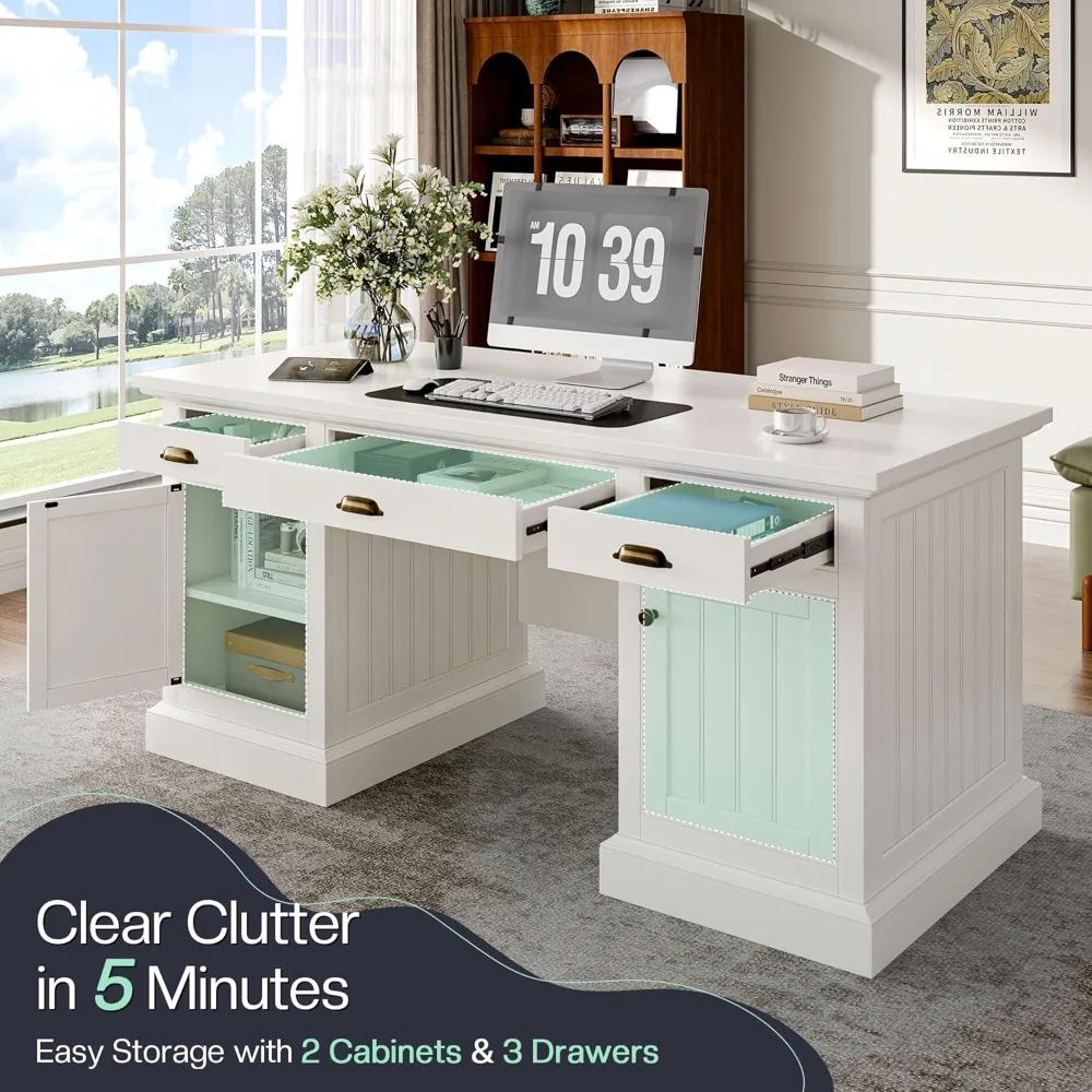 

-For68" Desk for Home Office & Study, Fluted Panel Computer Table with 3 Drawers and 2 Cabinets, Farmhouse Writing Desk –&