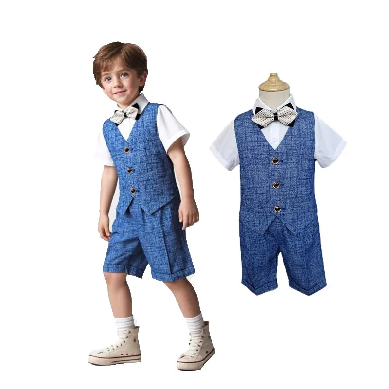 Boys Summer 4Pieces/Set Vest Shirt Short Bowtie Photograph Dress Children Graduation Stage Costume Kids Birthday Wedding Set