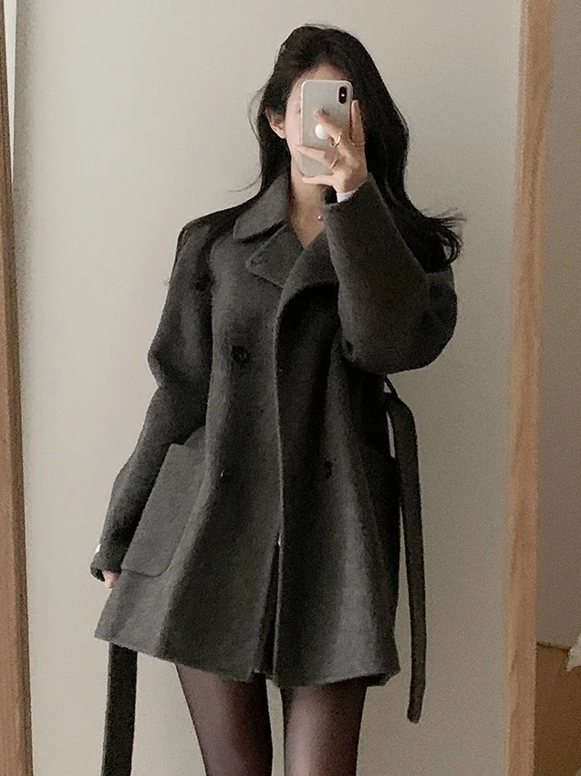 

Ele Chic ey Woolen Coat Women's Long Mid-Length Stand Collar Double-Breasted Belted Retro Faionable Commute Sle