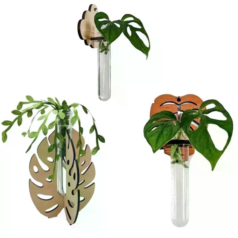 Wall Mounted Wooden Monstera Hydroponic Vase Test Tube Plant Holder Indoor Propagation Station Holder For Ins Style Home Decor