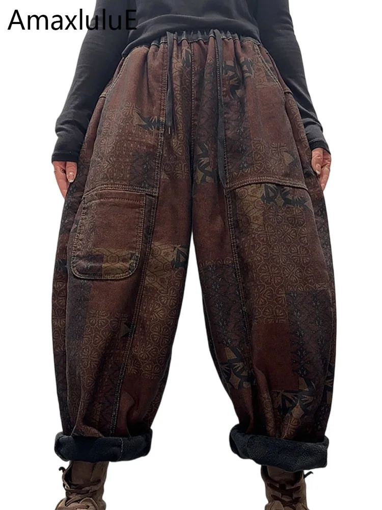 

Amax LuluE корейские зимние модные утепленные джинсы женские классические свободные винтажные меховые брюки женские повседневные теплые джинсовые брюки с принтом
