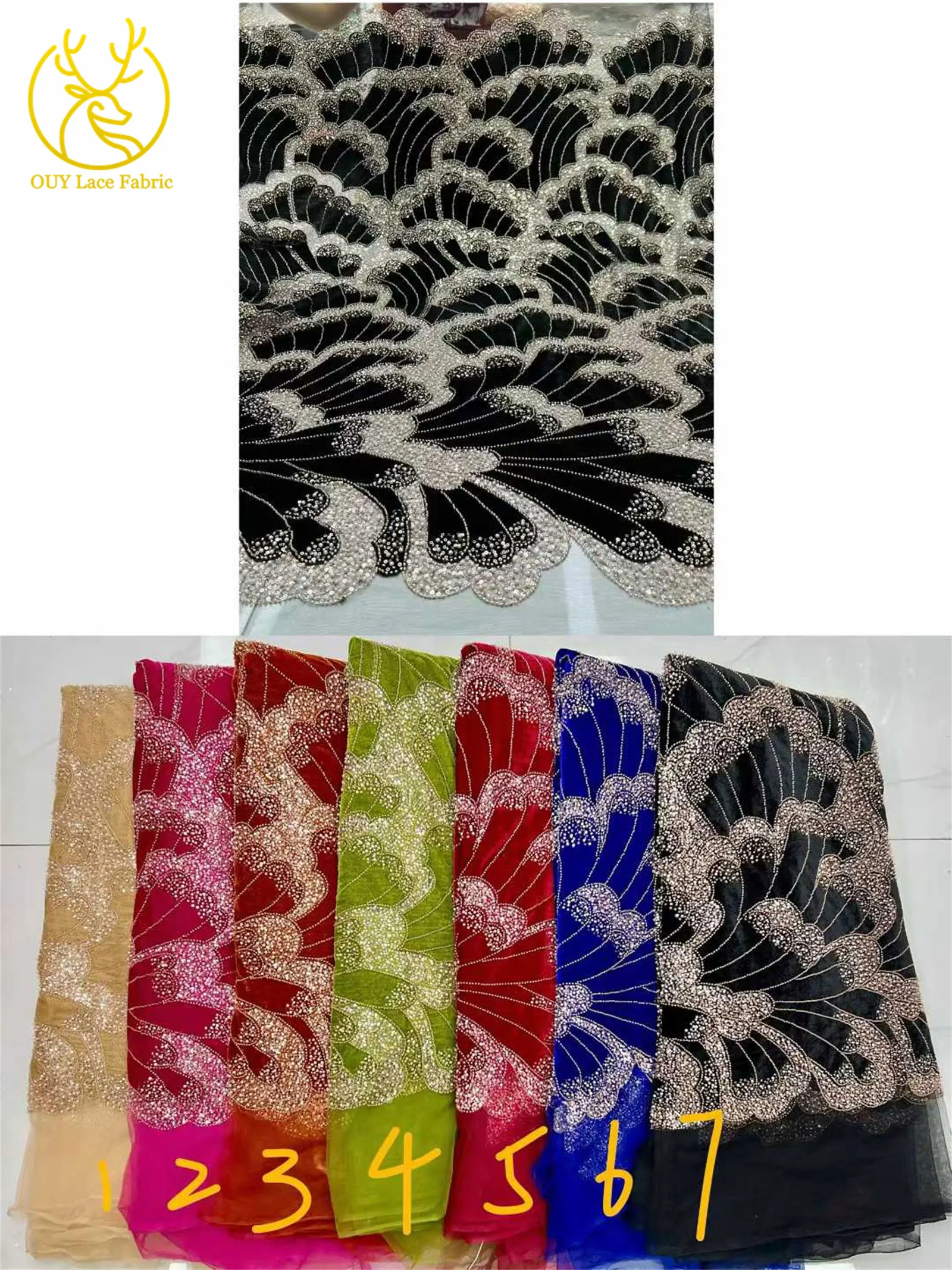 Luxury African Beaded Mesh Lace Fabric Velvet Lace 2026 Nigerian Tulle Sequined Lace Fabric Women's Evening Christmas Dress