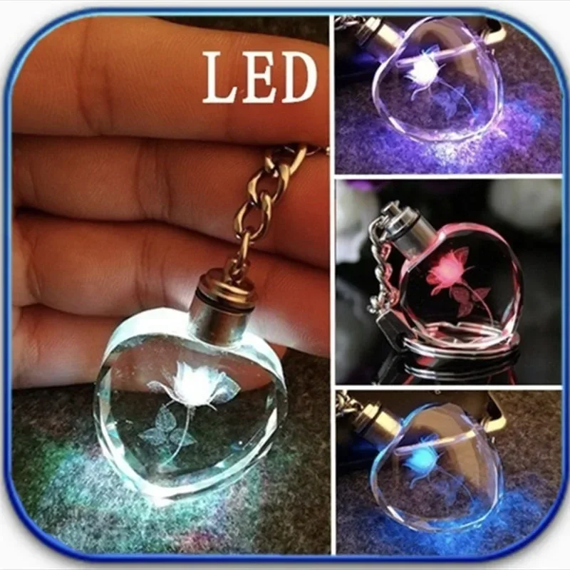 box Fashion Colorful Fairy Rose Flower Pattern Love Shape Crystal Rhinestone LED Light keychain Lover Key Chain Keyring Jewelry