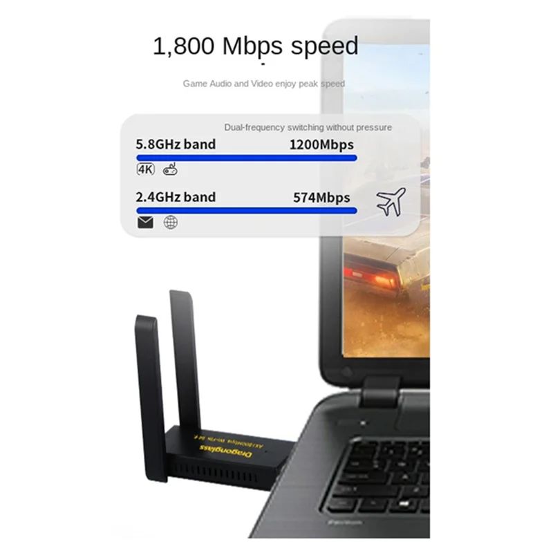 Dragonglass 1Set USB3.0 Wi-Fi6 1800M LAN لاسلكي إيثرنت واي فاي دونغل 1800Mbps2.4G 5.8G ثنائي النطاق LAN لاسلكي أسود-N34R