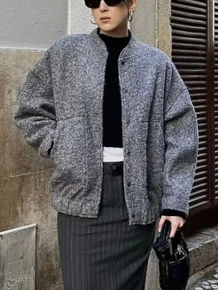 

HH Women Elegant Solid Coat Button Long Sleeve Pocket Bomber Jacket Autumn Winter Female Casual Loose Streetwear Coats