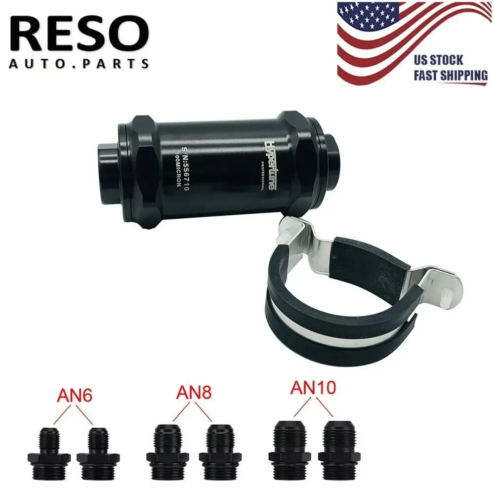 RESO--Black Inline Fuel Filter E85 Ethanol AN6 / AN8 / AN10 With 100 Micron Stainless Steel Element 6AN 8AN 10AN