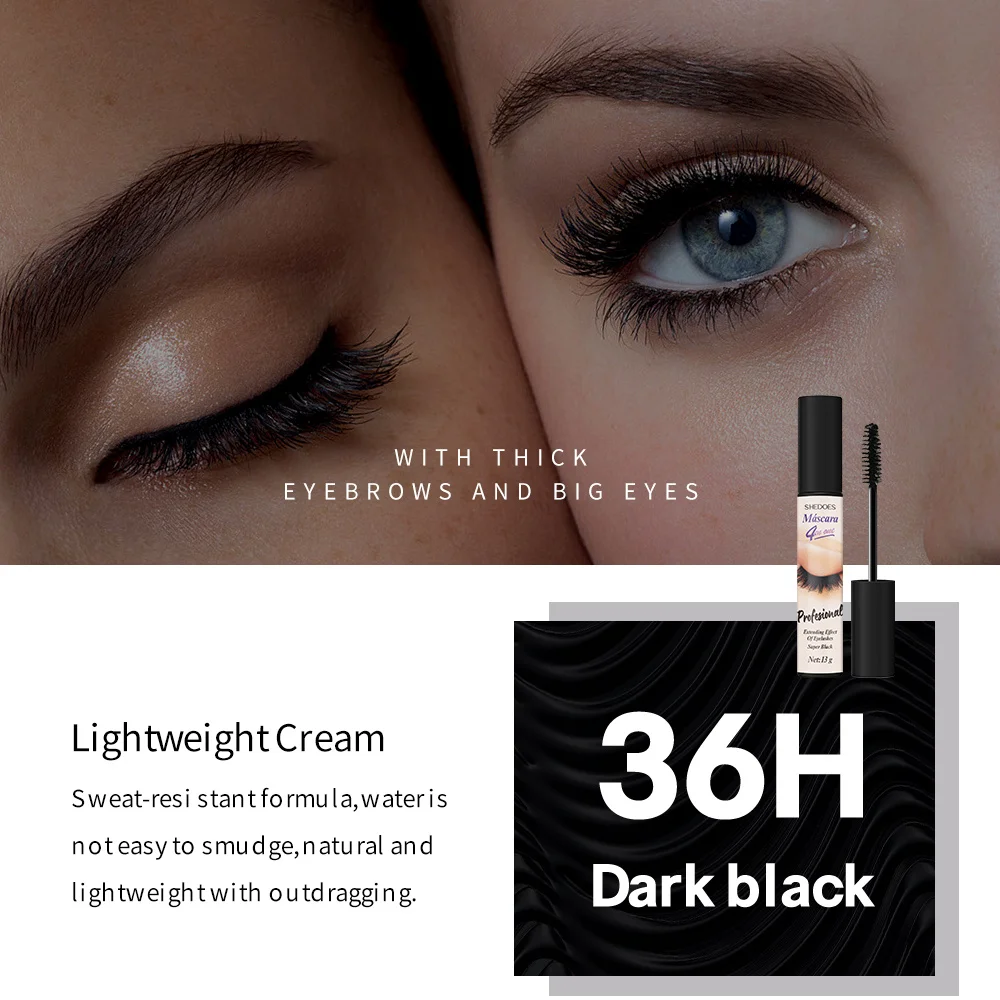 4Dマスカラは長持ちし、細く、カールし、濃く、防水性があり、汗に強く、にじみません。