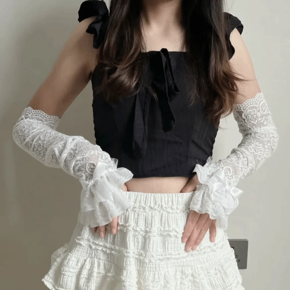 

Sweet Bow Lace Sleeves Lolita Thin Sunscreen Arm Sleeve Mesh Anti-UV Long Sleeved Arm Cover Cycling