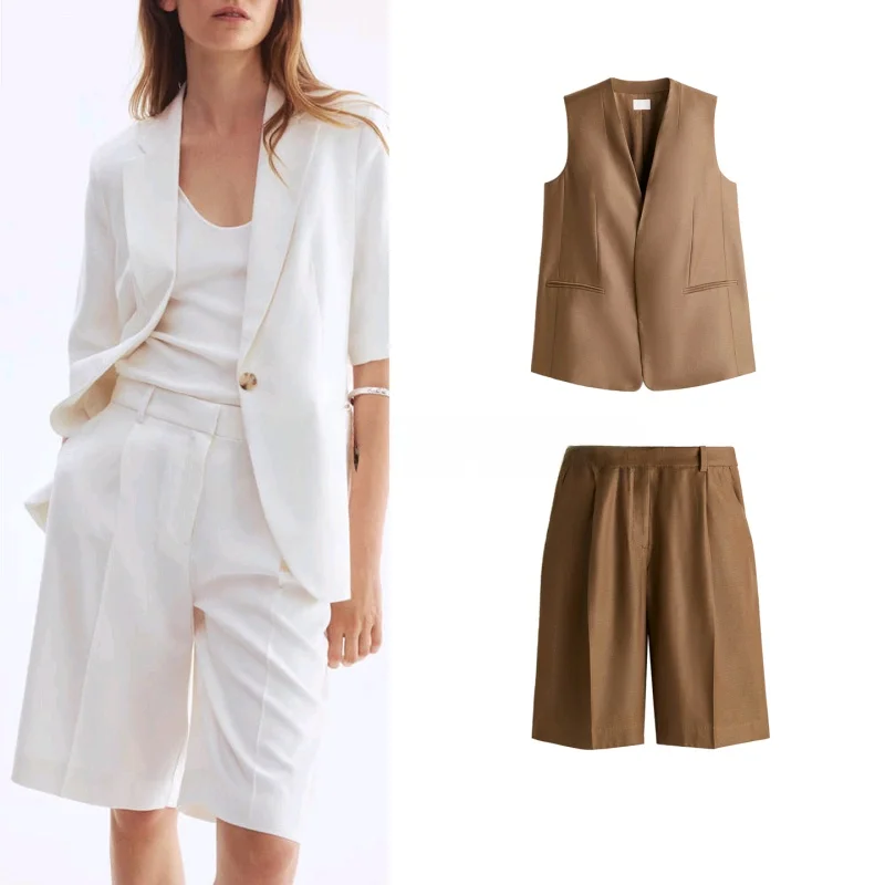 Autumn New Women's Loose V-ne Commuter Jaet High Waist Bermuda orts Two-piece Set Casual Sle Adult Faion Ensemble