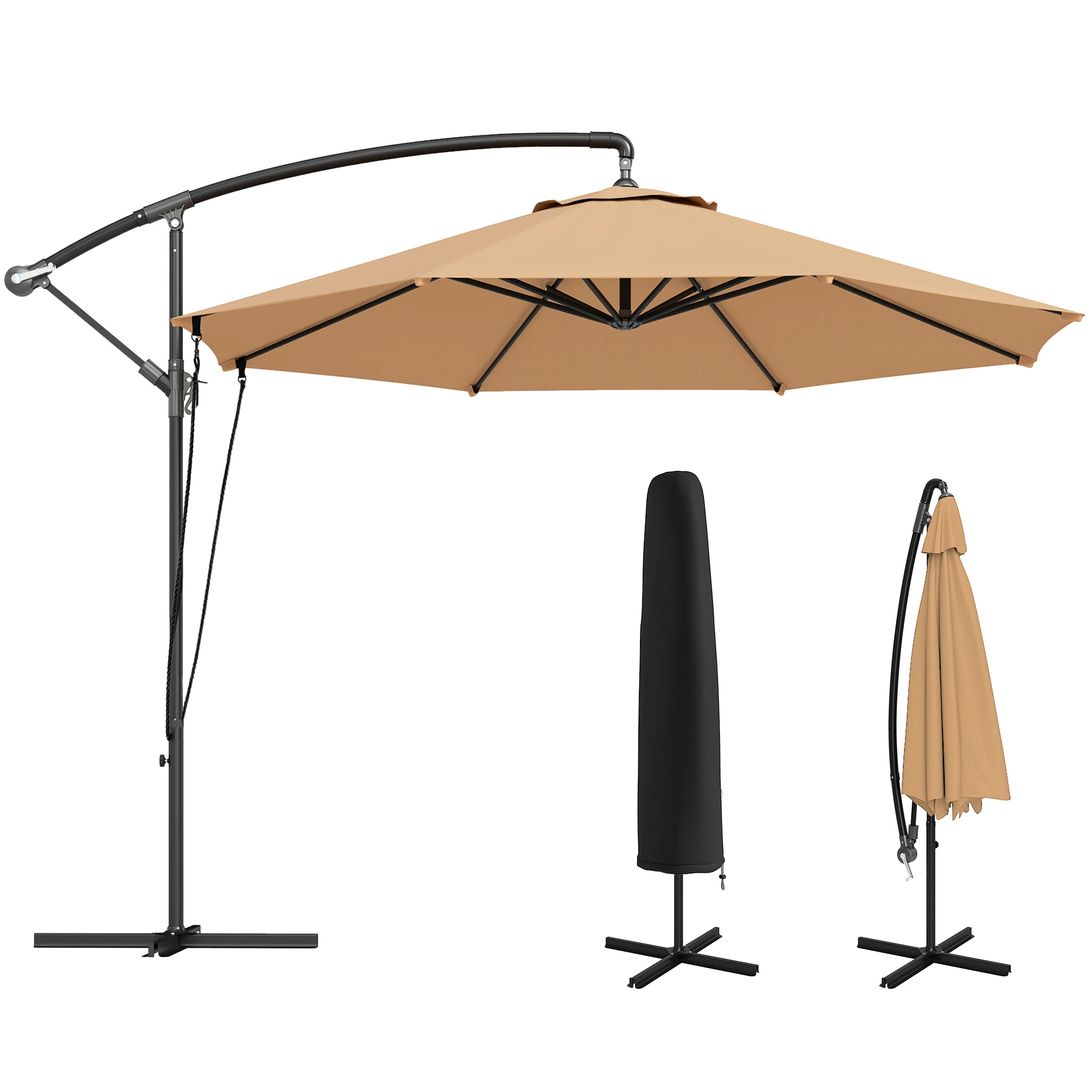 3m Offset-Sonnenschirm mit Lüftungsschlitzen, Kreuzfuß und Kurbel, Metall und Polyester, Farbe Khaki