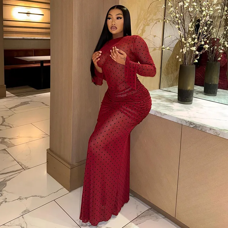 Ruched انظر من خلال شبكة منقطة طباعة Bodycon ماكسي فستان الحفلات المرأة مثير س الرقبة مضيئة كم سليم ثوب مسائي رداء طويل #2
