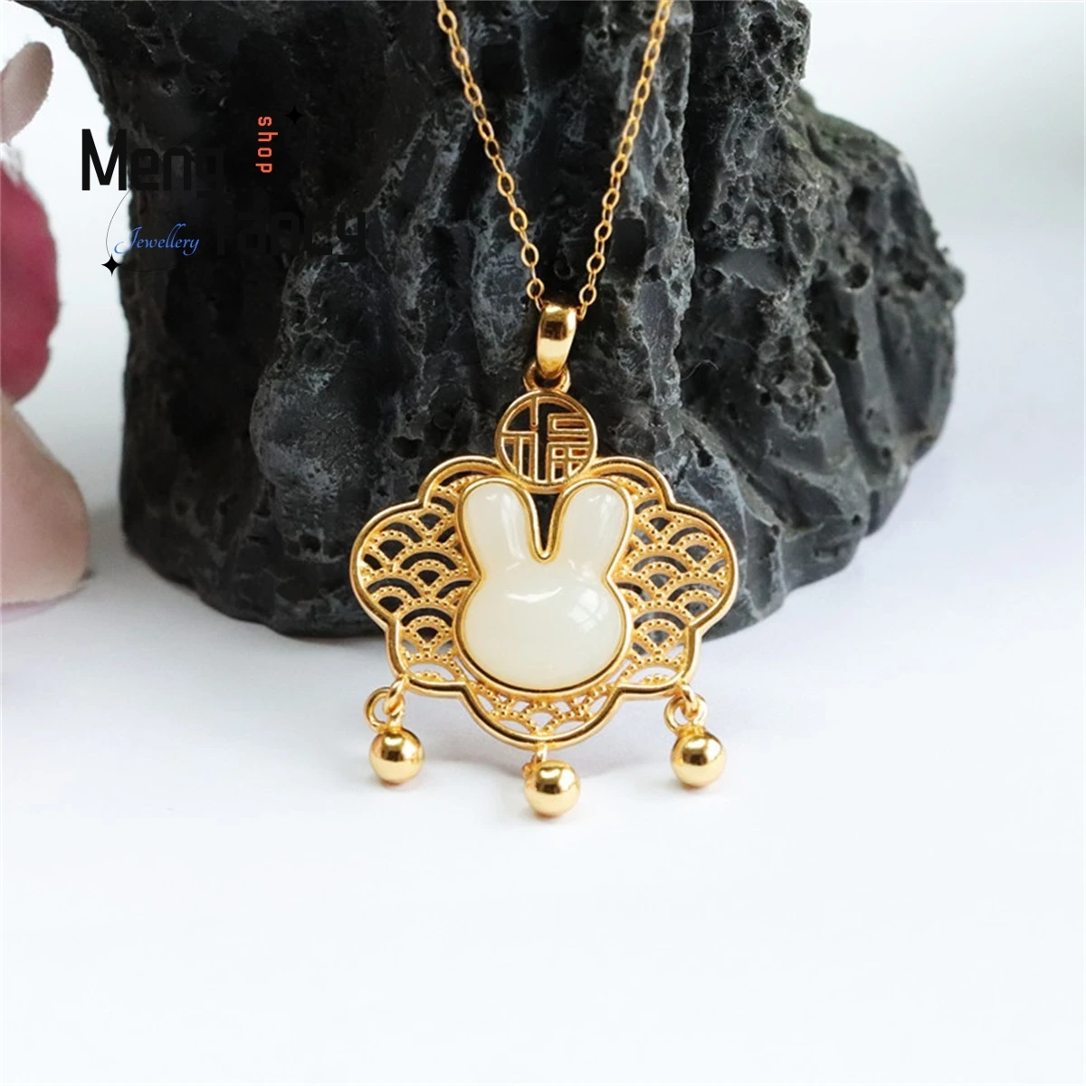 

Natural S925 Silver Inlaid Hetian White Jade Rabbit Ruyi Lucky Lock Tassel Necklace Personalized Fashion Elegant Luxury Jewelry