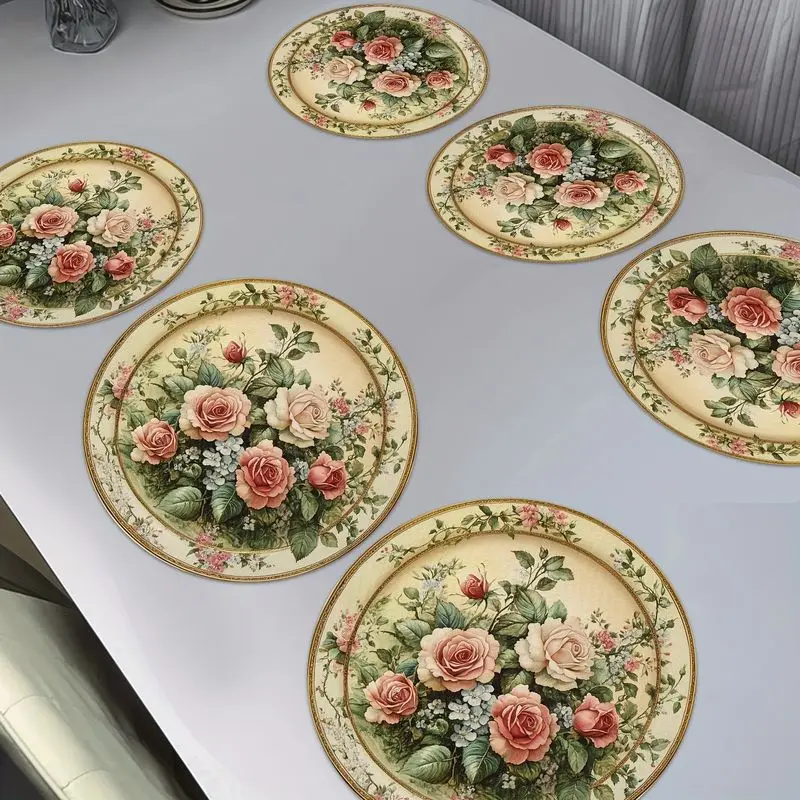 VIKAMA Retro Pink and White Rose Round Table Mat Thermal Insulation Fabric Table Mat French Countryside Table Decoration