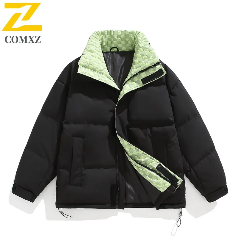 

COMXZ 2025 Mens Womens Winter Duck Down Baseball Collar Puffer Jacket Korean-Style Warm Cotton-Padded Solid Color Casual Coat