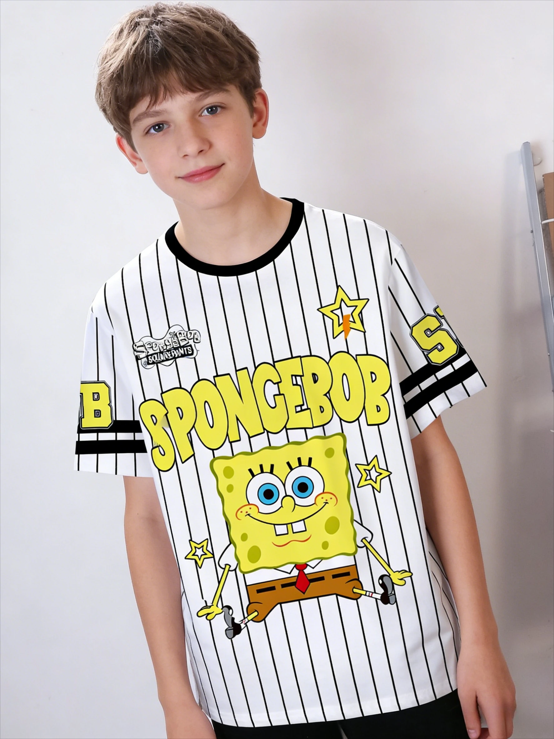2026 New Style SpongeBob Black White Plaid Casual Jersey Kids/Adults Loose Plus Size Fashion T-Shirt Family Parent-Child Outfits