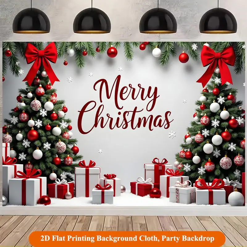 VIKAMA Merry Xmas Evergreens Crimson Bows Presents Backdrop Banner Party Wall Decor Home Accent Stylish Soft Durable Cozy Gift