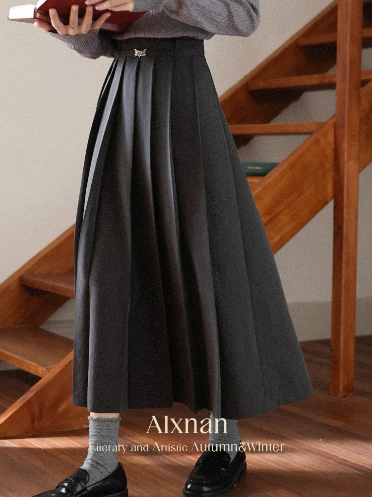 

ALXNAN Gray Pleated Skirt Women High-waist Long A-line Skirts 2025 Autumn Elegant Office Lady Butterfly Buckle Clothing L56863