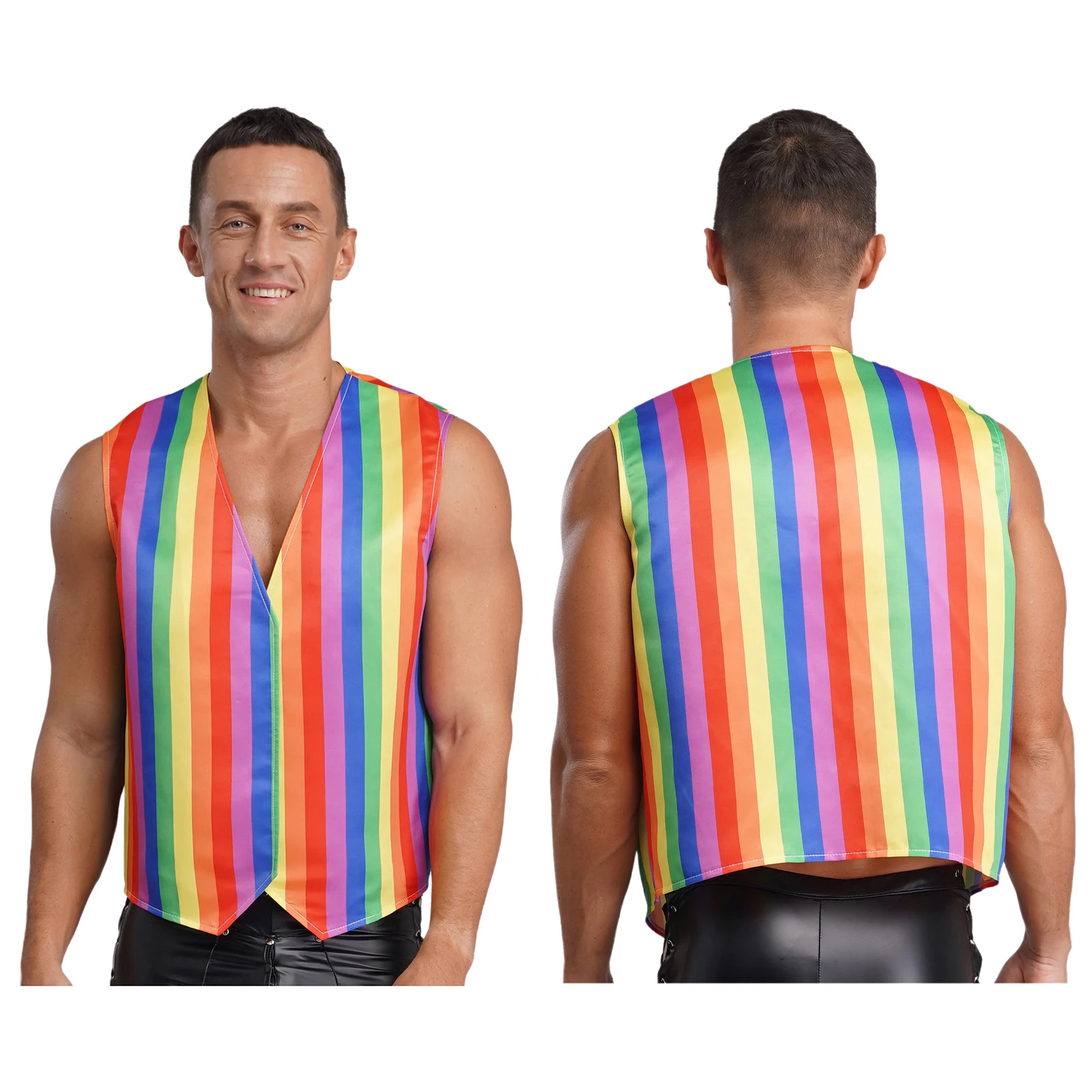 

Men Fashion Rainbow Color Vest Coats Sleeveless Pointed Hem Waistcoat for Halloween Party Circus Stage Performance Uniform